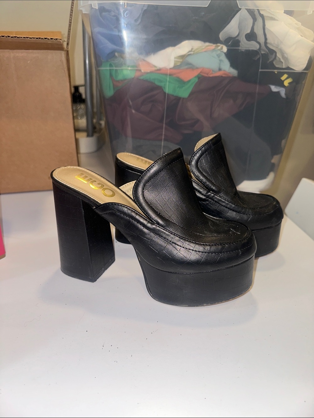 EGO Black Leather Platform Mule Clogs
